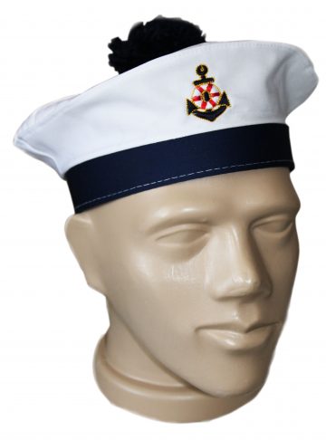 Personalized sailor hat with anchor embroidery - white cotton, blue border & pom pom. Ideal for sailors & bachelorette parties. Order now